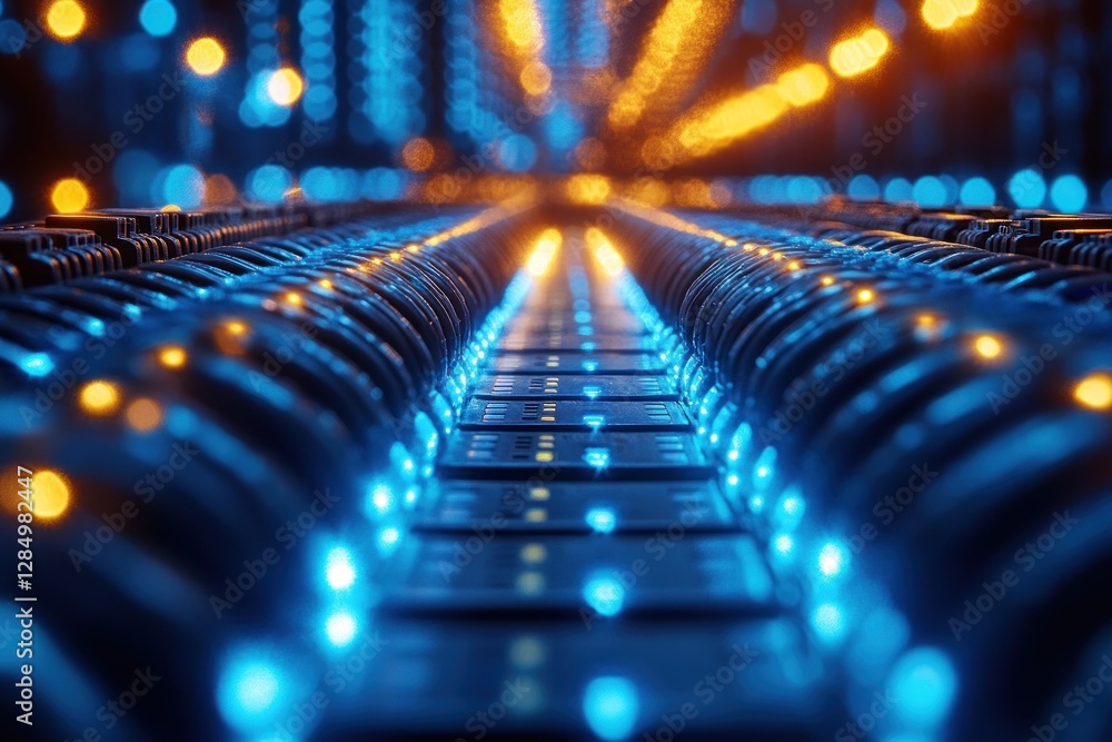 Poster network switch with ethernet cables in data center technology concept