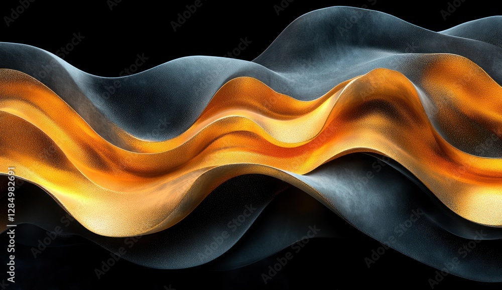 Poster fluid gold and black abstract waves minimalist design with soft curves and ambient light