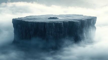 A floating island resides above swirling mist and low lying clouds