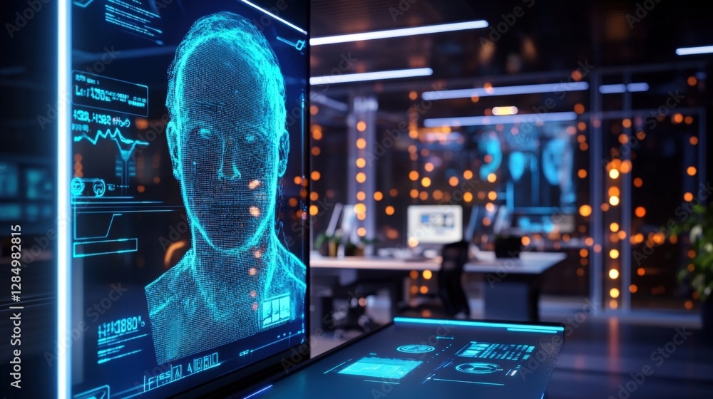 Aufkleber futuristic facial recognition system processing biometric data on a transparent digital display, enh