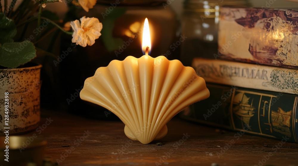 Poster elegant shell shaped candle with flickering flame on rustic table