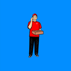 a courier in red standing on the phone holding a package vector illustration
