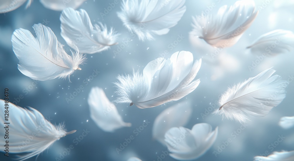 Poster delicate white feathers softly floating abstract background with gray texture ethereal lighting
