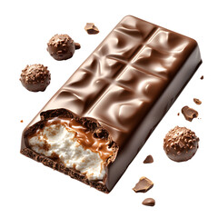 A Fluffy 3D Cartoon Chocolate Bar with a Bite Taken Out Isolated on Transparent Background