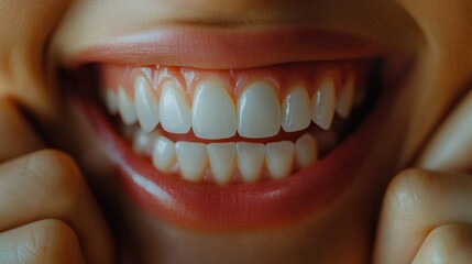 Close-up smiling woman's healthy teeth, indoors, skincare