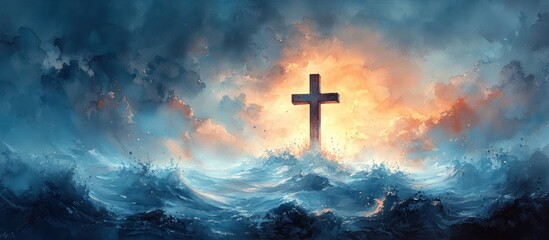 Resurrection Cross with Ethereal Light and Soft Ribbons in Dreamy Blue Background