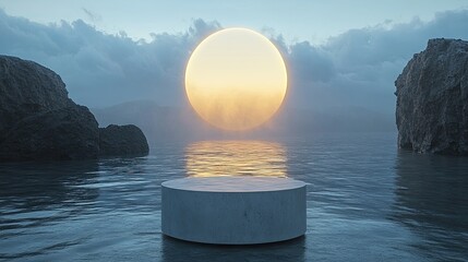A circular pedestal stands before a glowing sun over water