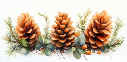 Fototapeta premium Watercolor Pinecones with Green Leaves Festive Bouquet Christmas Decor Botanical Illustration