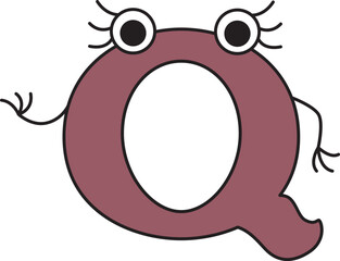 capital letter Q with eyes with eyelashes and hands looking at the camera