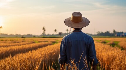 A Farmer's Contemplation Over Golden Rice Fields During Sunrise