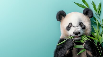 Fototapeta premium A cute panda munching on bamboo against a vibrant background, showcasing its playful spirit and love for nature. Perfect image for wildlife enthusiasts and animal lovers.