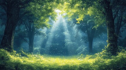 Sunlight streams into a lush green forest landscape scene