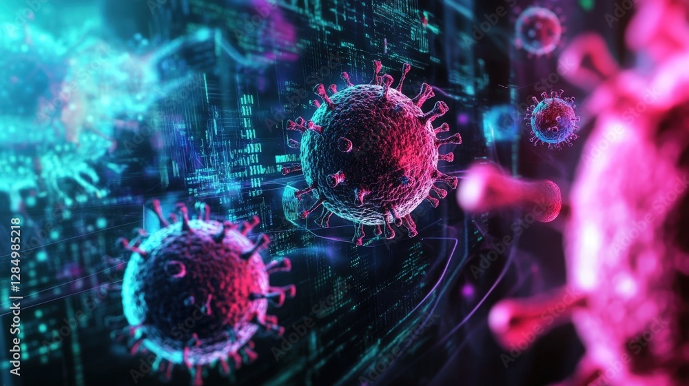 Poster microscopic view of coronavirus particles floating over digital code representing cyber security thr