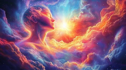 Enlightenment and Inner Peace: An ethereal figure is surrounded by a mesmerizing, swirling expanse of cosmic clouds, with a radiant light emanating from behind.