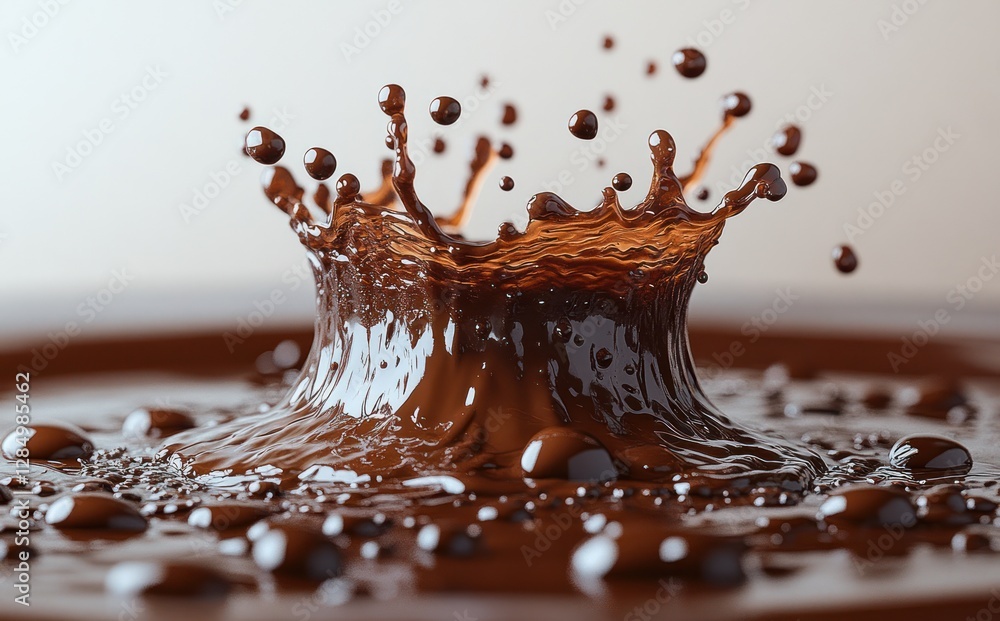 Poster hyper-realistic chocolate splash with ripples and impact against minimal white background