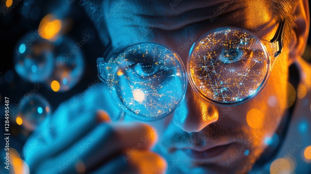 Poster scientist wearing futuristic glasses analyzes a glowing city network, conducting cybersecurity resea