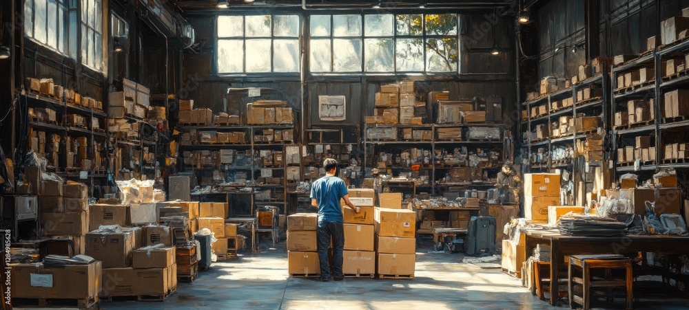 Poster warehouse scene with man stacking boxes in cluttered space for e-commerce delivery packing
