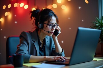 Young Asian woman with glasses in blazer using laptop and headset at night in cozy office with warm bokeh lights for remote work, customer support, online education, technology, business background