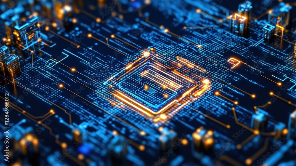 Poster complex quantum algorithms running on a futuristic microchip are revolutionizing cybersecurity, offe