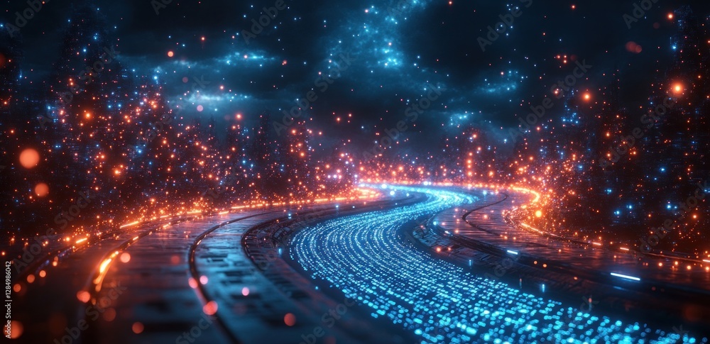Poster futuristic digital landscape with glowing binary code and neon lights