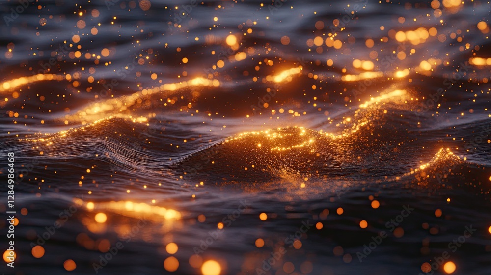 Poster glowing mauve-orange particles floating as a wave surface, offering a magical and ethereal ambiance 