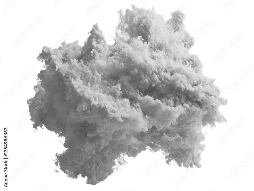 Poster abstract cloud-like formation in shades of gray with a transparent background emphasizing texture an