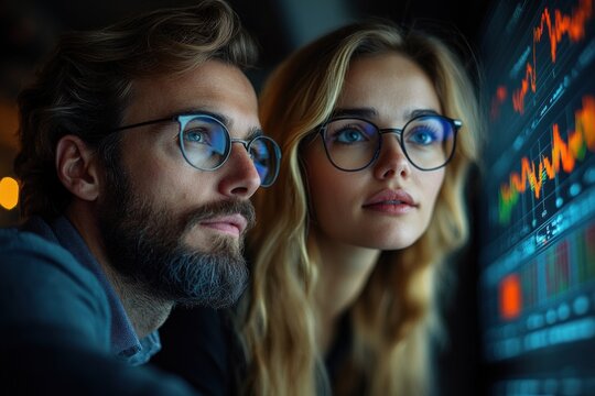 Indian professional woman and businessman discussing trading stocks financial data analytics in modern office - Powered by Adobe