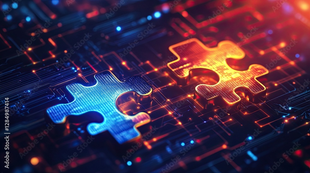 Poster graphic representation of api integration, featuring interlocking puzzle pieces on a high-tech backg
