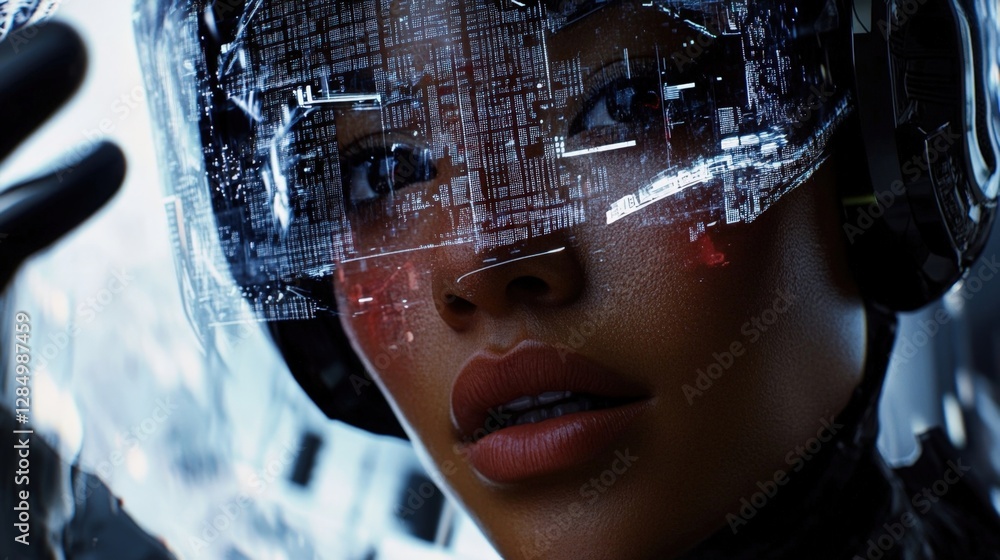 Poster futuristic woman with ar headset exploring virtual reality environment, interacting with holographic