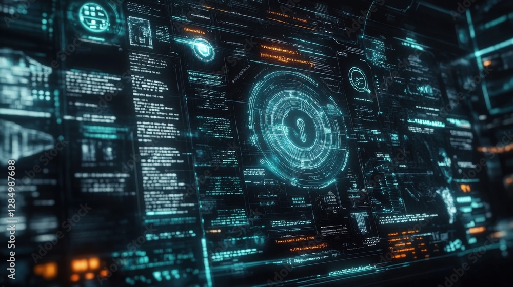 Poster complex digital interface featuring encrypted data streams, a prominent key icon, and various techni