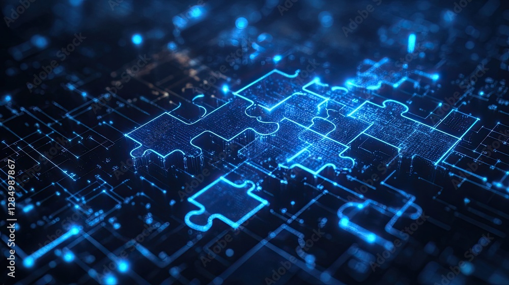 Poster graphic representation of api integration, featuring interlocking puzzle pieces on a high-tech backg