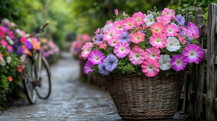 Colorful Petunias in Basket, Garden Path