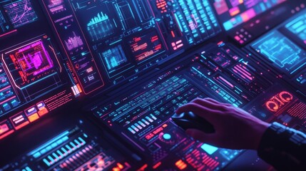 Obraz premium Hand navigating a complex futuristic computer interface with glowing neon lights, displaying data visualizations, charts, and graphs in a cybersecurity context