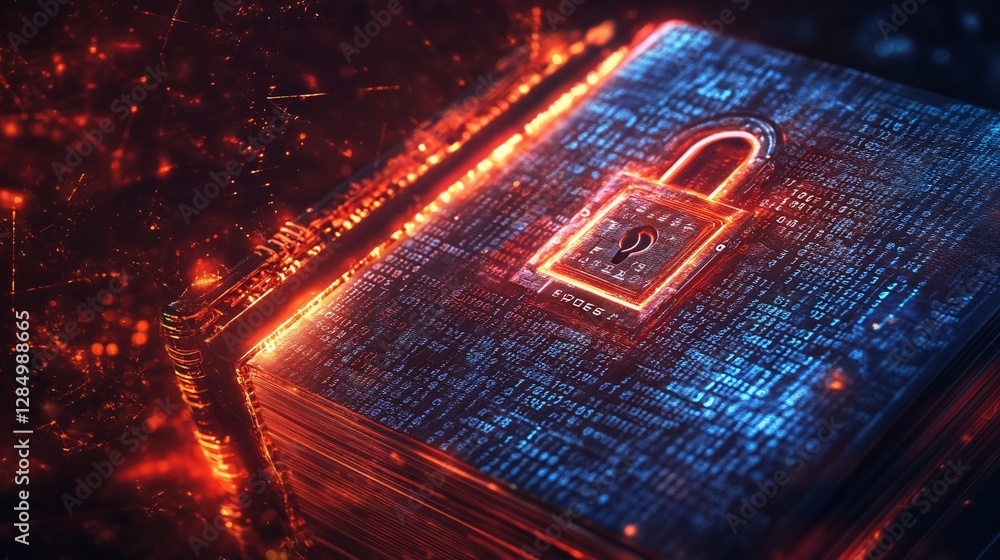 Poster secure digital book with glowing padlock and code overlay for data protection