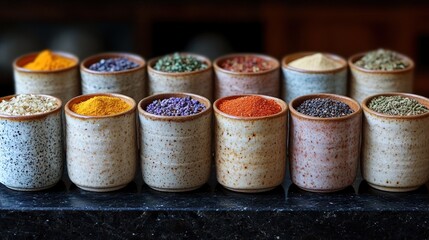 Naklejka premium Colorful spices in bowls, kitchen counter, dark background, recipe