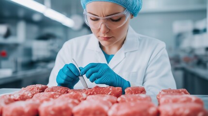 A focused professional inspects fresh meat products in a sterile environment, emphasizing food safety and quality control in the meat processing industry.