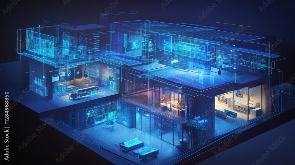 Poster futuristic smart home automation system is monitoring and controlling home appliances, offering a se