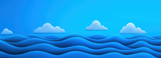 Oceanic blue gradient with soft clouds and gentle waves creates serene atmosphere