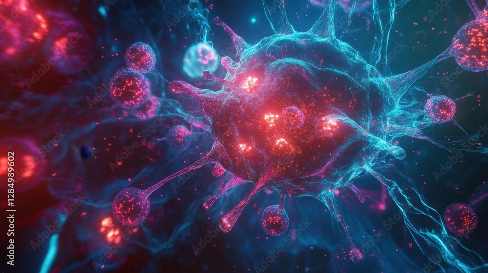 Poster microscopic view of a virus infecting cells, illustrating a cyber security threat with vibrant color
