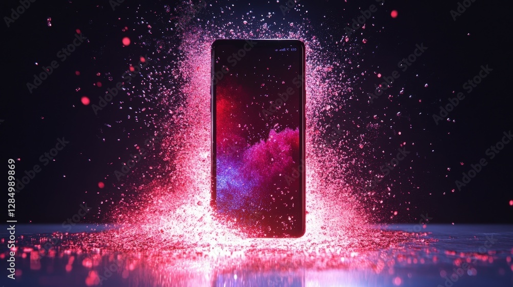 Poster modern smartphone exploding with pink and purple particles creating a vibrant and dynamic visual eff