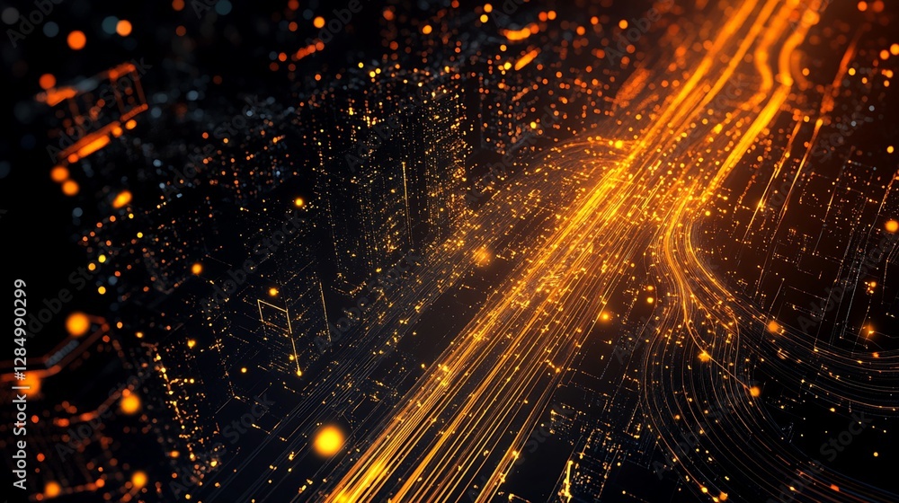 Poster abstract digital cityscape with illuminated data streams