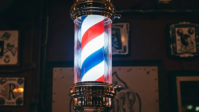 Barber shop pole spinning with red white and blue stripes classic design
