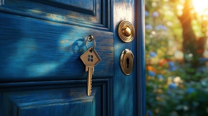 Close-Up of Key in Door Lock with Nature Background and Sunshine