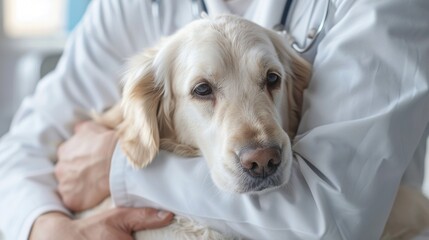 A veterinarian gently holds a golden retriever in a clinic setting, showcasing the bond between pets and their caregivers during World Veterinary Day