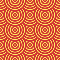 Vector Japanese seamless pattern in oriental geometric traditional style. Festive ornament for lunar chinese new year decoration. Red and golden asian creative motif. Abstract Waves and Circles.