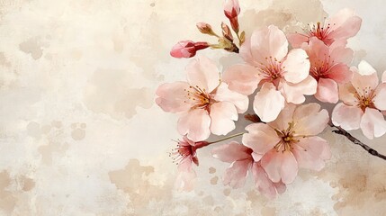 A delicate illustration of cherry blossoms against a soft, textured background.
