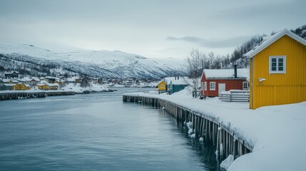 Colorful Wooden Cabins by Calm Water Surrounded by Snowy Mountains