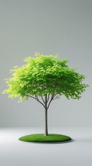 Vibrant green tree with lush foliage standing on a circular patch of grass against a neutral background, symbolizing nature, growth, and environmental sustainability

