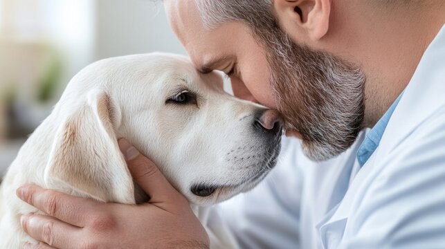 On World Veterinary Day, a veterinarian gently embraces a friendly dog, showcasing the bond between pets and their caregivers in a warm, compassionate setting