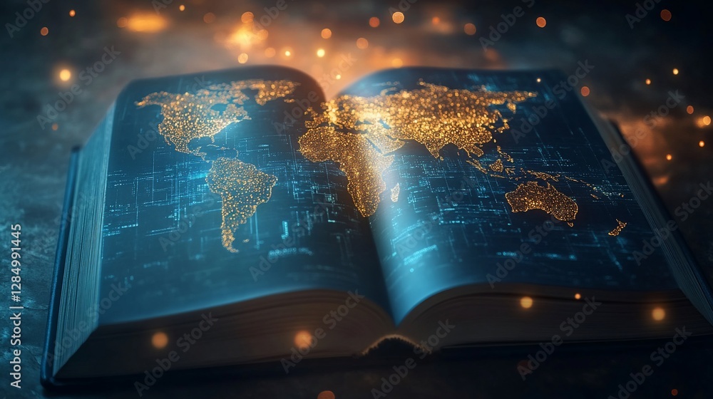 Poster open book displays glowing world map with digital overlay and bokeh lights illuminating concept of g